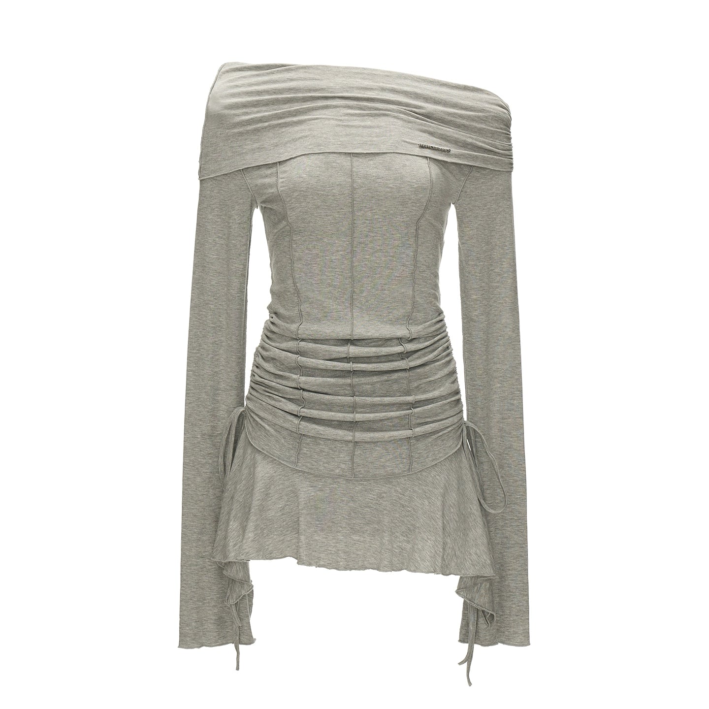 Slanted Pleated French Waist Long Sleeve Midi Dress