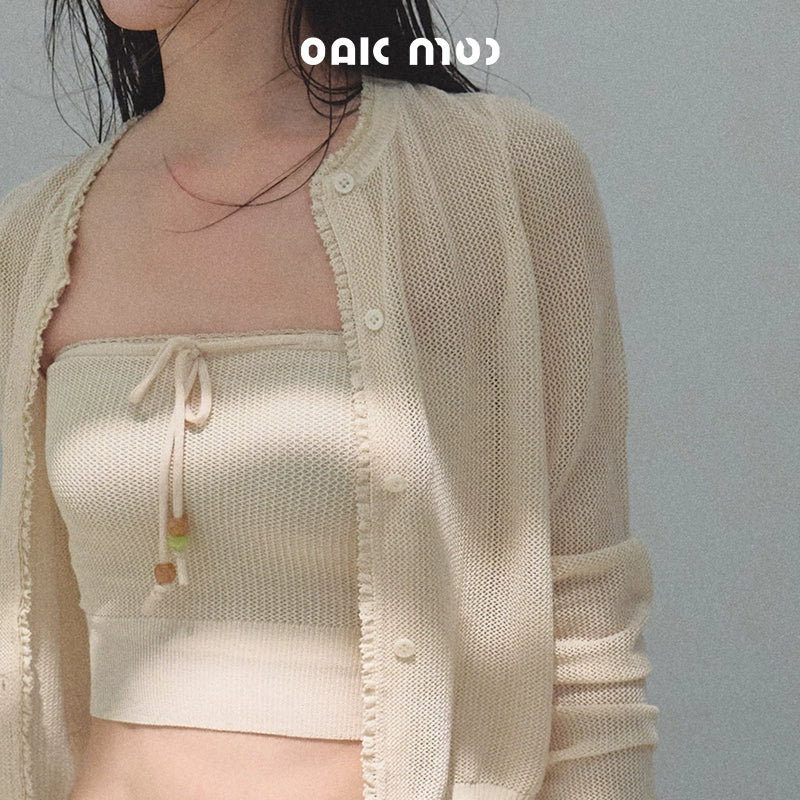 Apricot Blossom Ice Silk Knitted Cardigan Shorts Set-Up