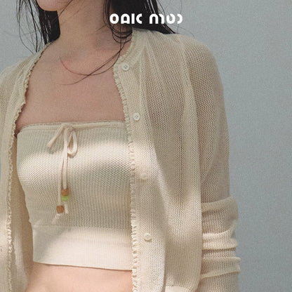 Apricot Blossom Ice Silk Knitted Cardigan Shorts Set-Up