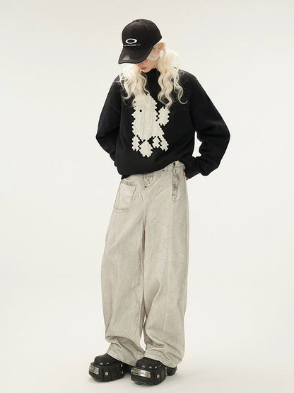 deconstructs patchwork dirty jeans pants
