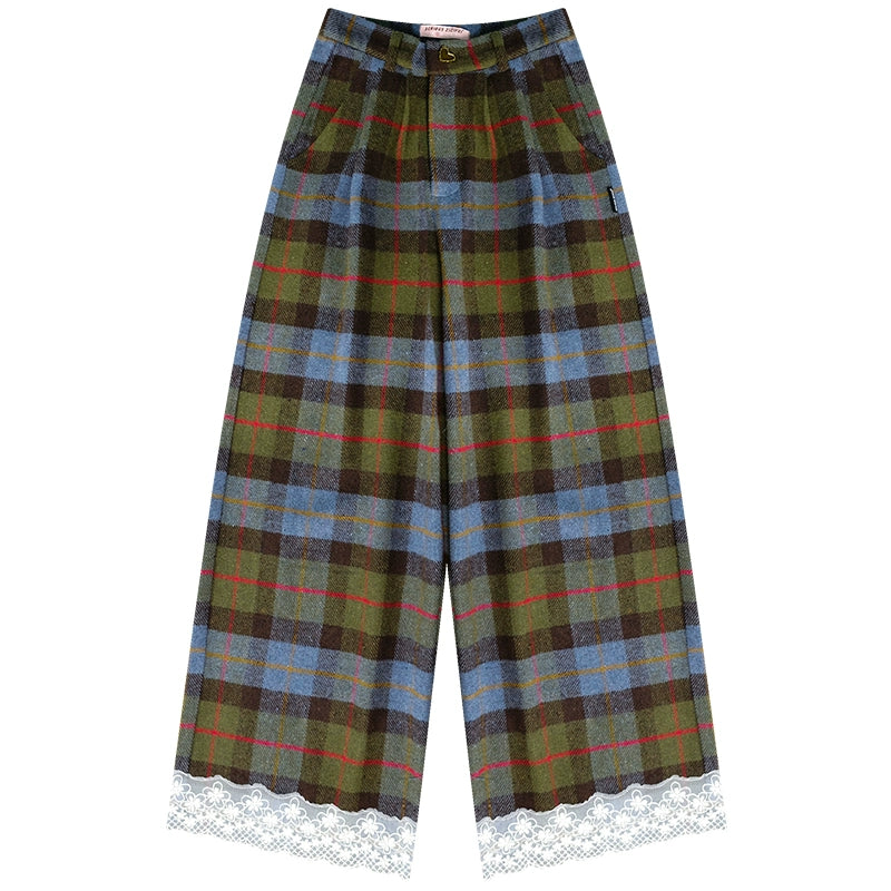 Retro Plaid Lace Stitched Pants