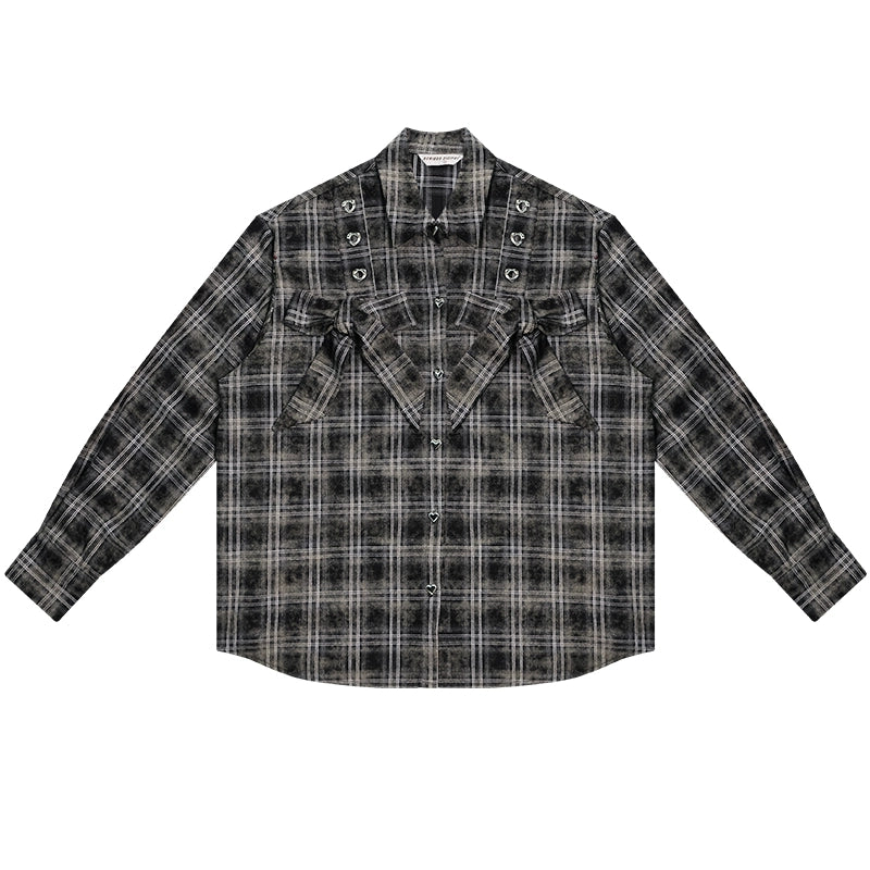 Bow-Knot Plaid Oversized Shirt