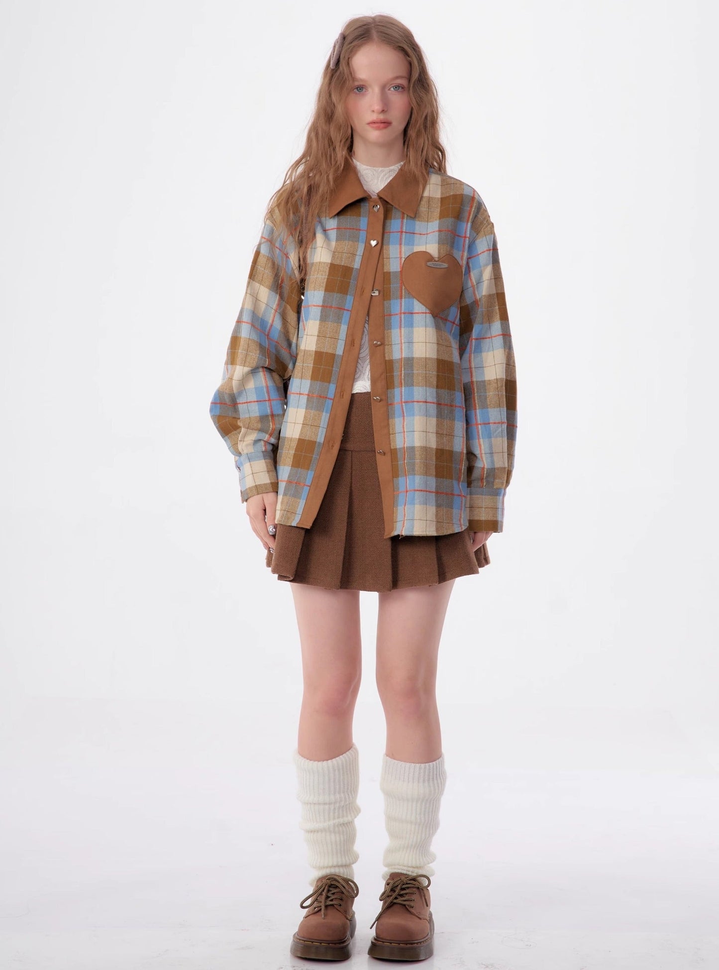 American retro casual love plaid long sleeve Shirt