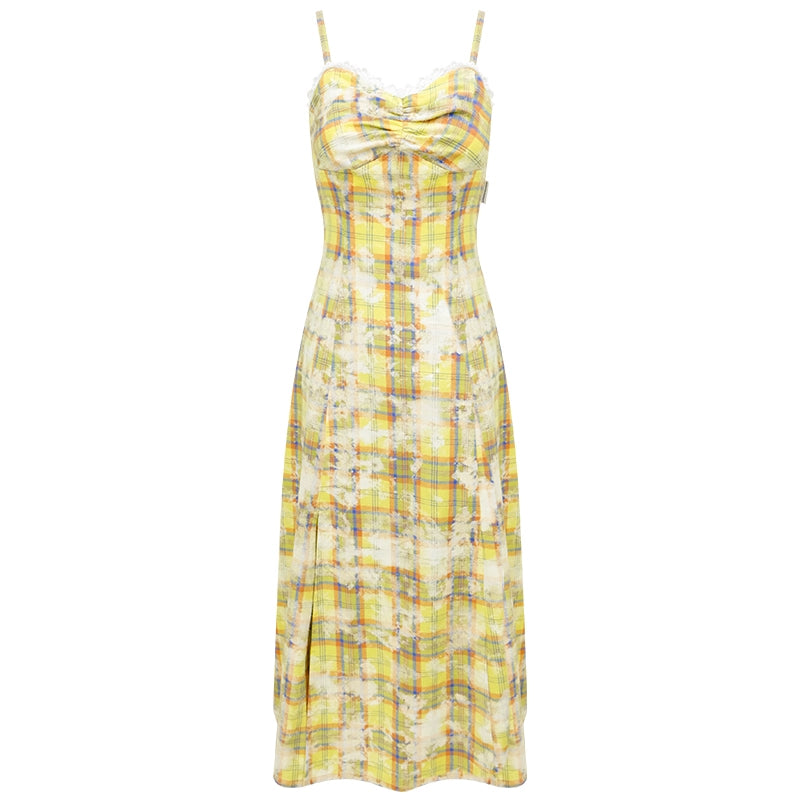 Vintage Yellow Plaid Halter Dress
