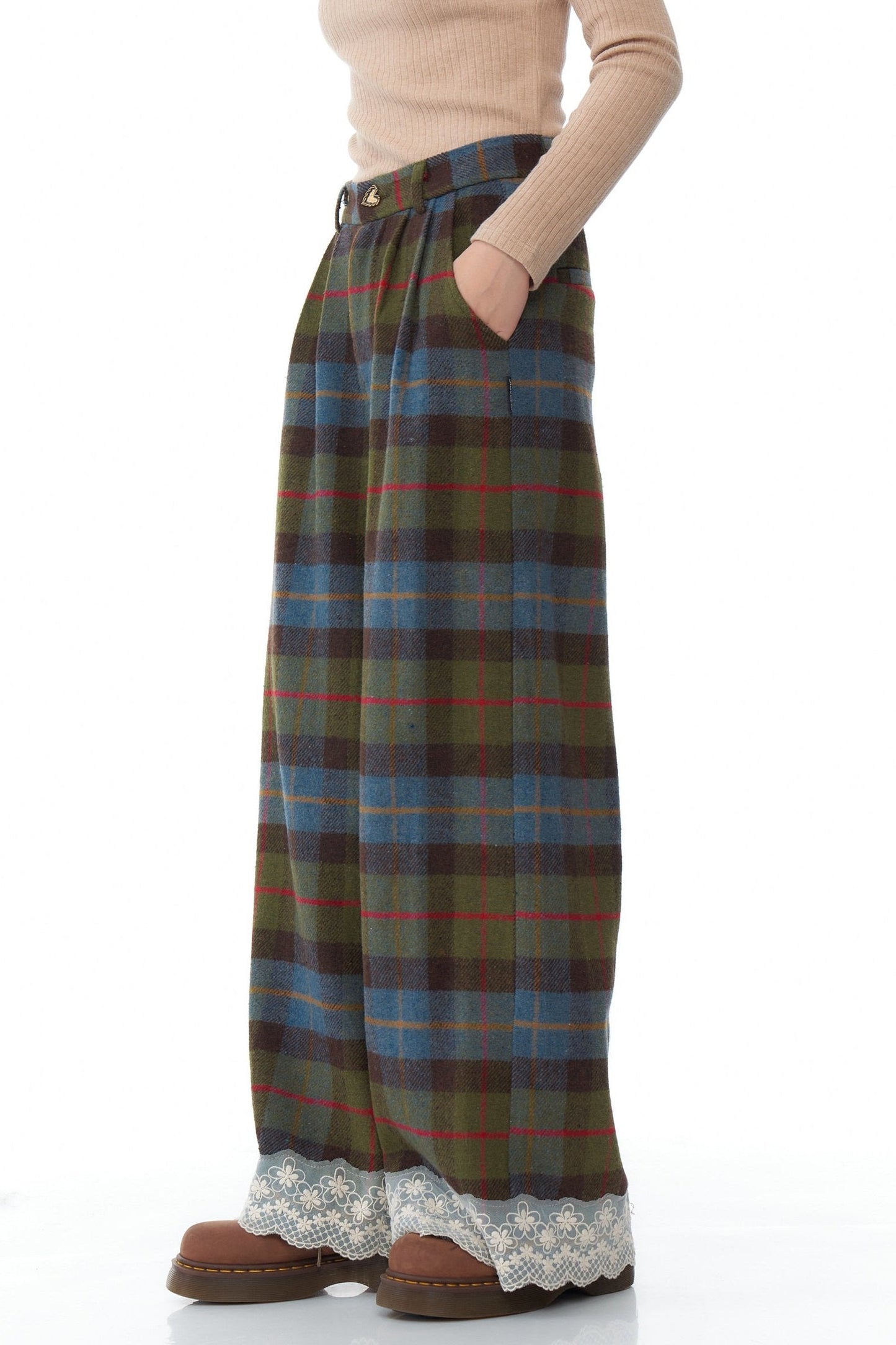 Retro Plaid Lace Stitched Pants