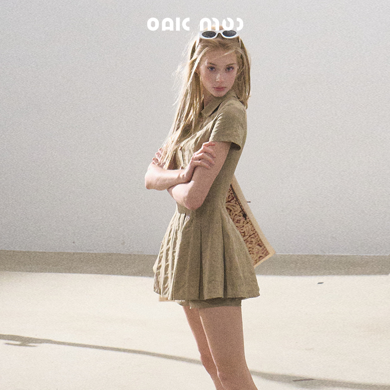 Pleated Textured Shirt Dress