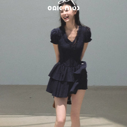 Blue Hour V-Neck Double-Sleeved Dress