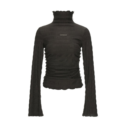 High Neck Knitted Striped Slimming Shirt