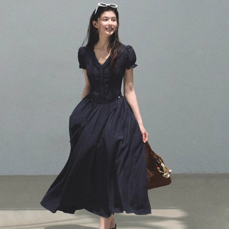 Blue Hour V-Neck Double-Sleeved Dress