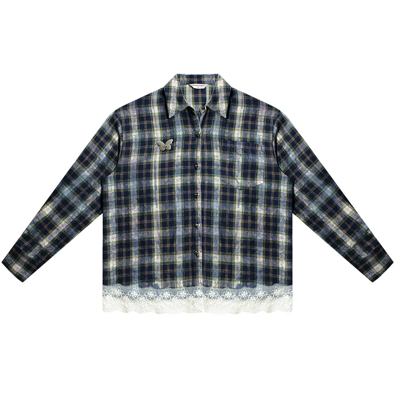 Blue Plaid Lace Stitch Loose Shirt