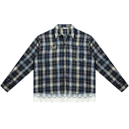 Blue Plaid Lace Stitch Loose Shirt
