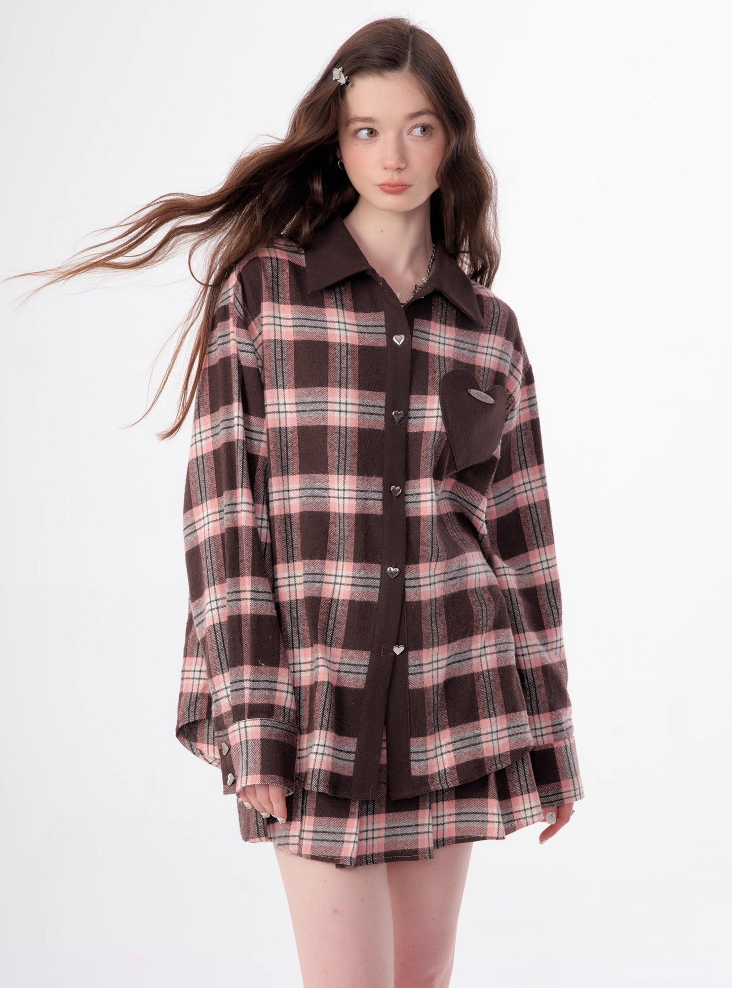 American retro casual love plaid long sleeve Shirt