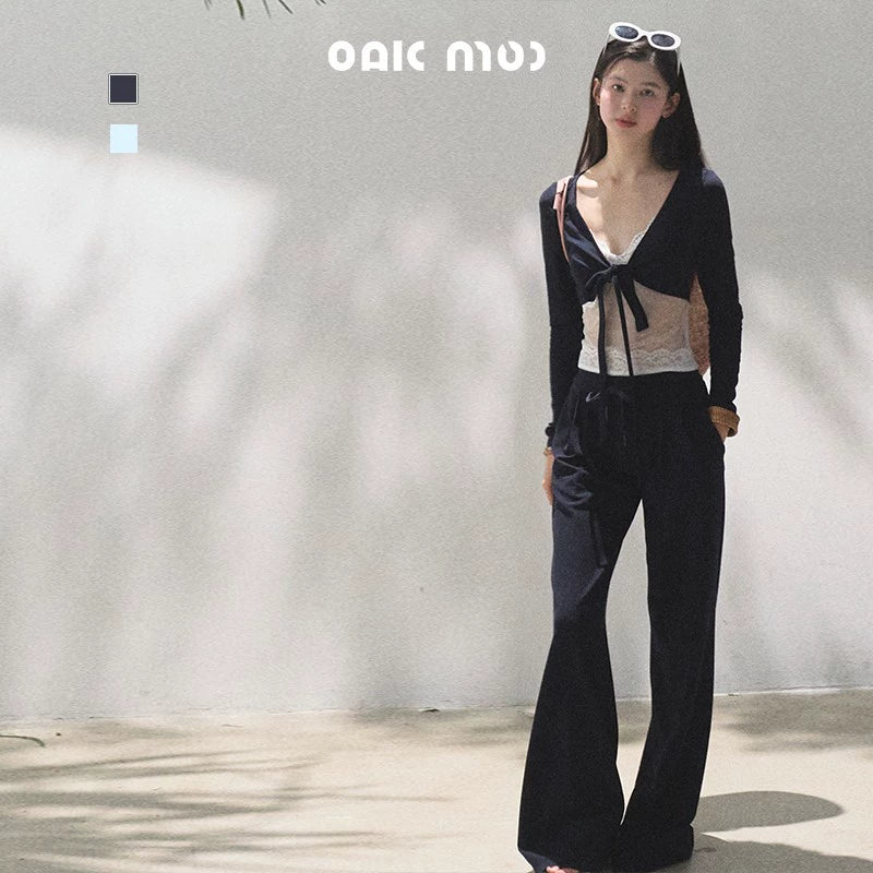 Lace-Up Top &amp; Wide Leg Pants Set-Up