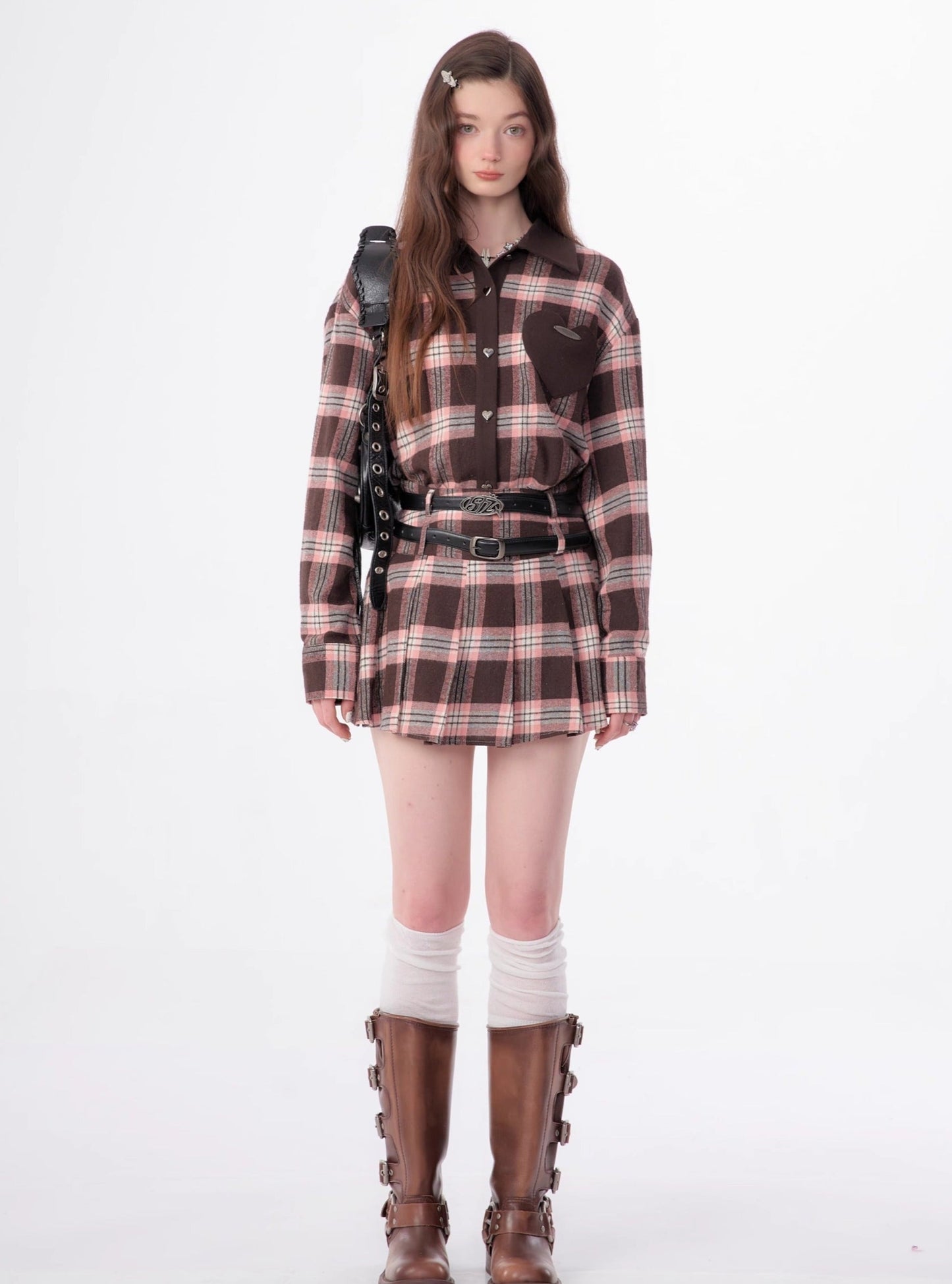 American retro casual love plaid long sleeve Shirt