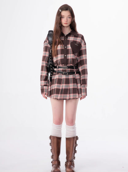 American retro casual love plaid long sleeve Shirt