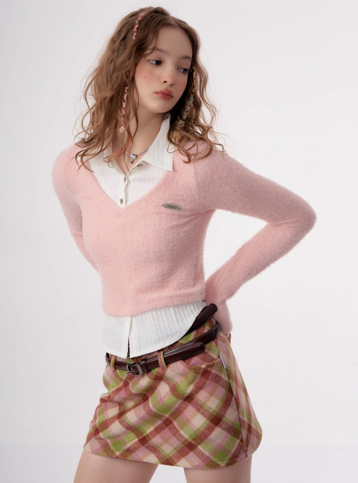 American vintage fake two-piece set long sleeve top