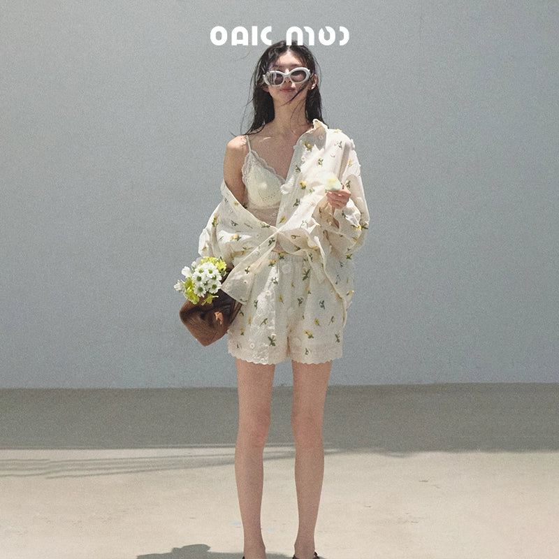 Flowers Cotton Embroidered Casual Shirt Set-Up