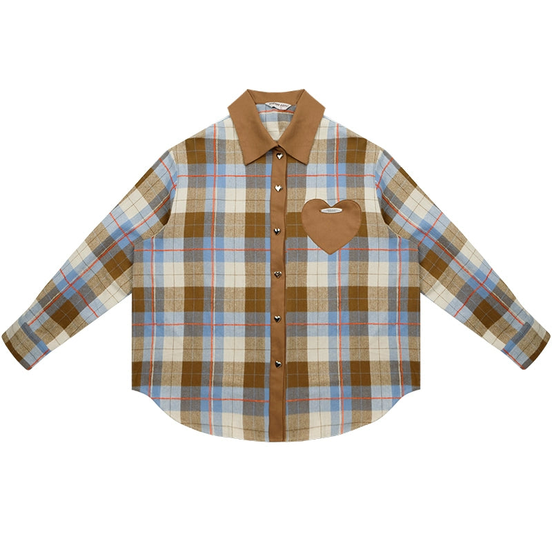 American retro casual love plaid long sleeve Shirt