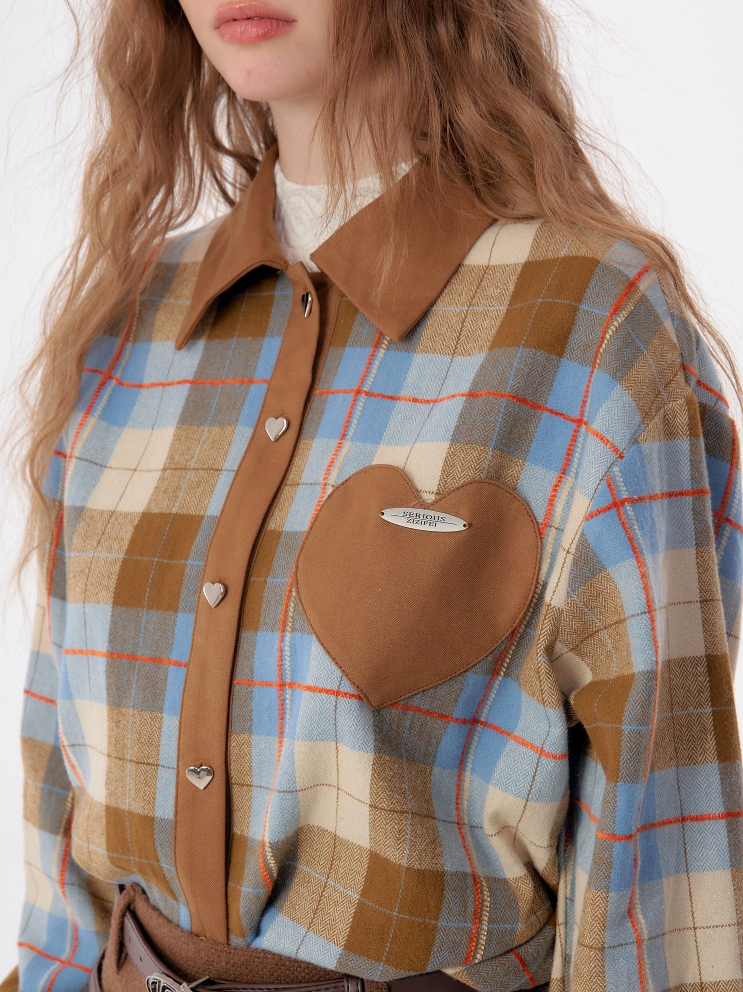 American retro casual love plaid long sleeve Shirt