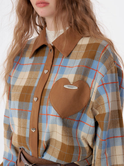 American retro casual love plaid long sleeve Shirt