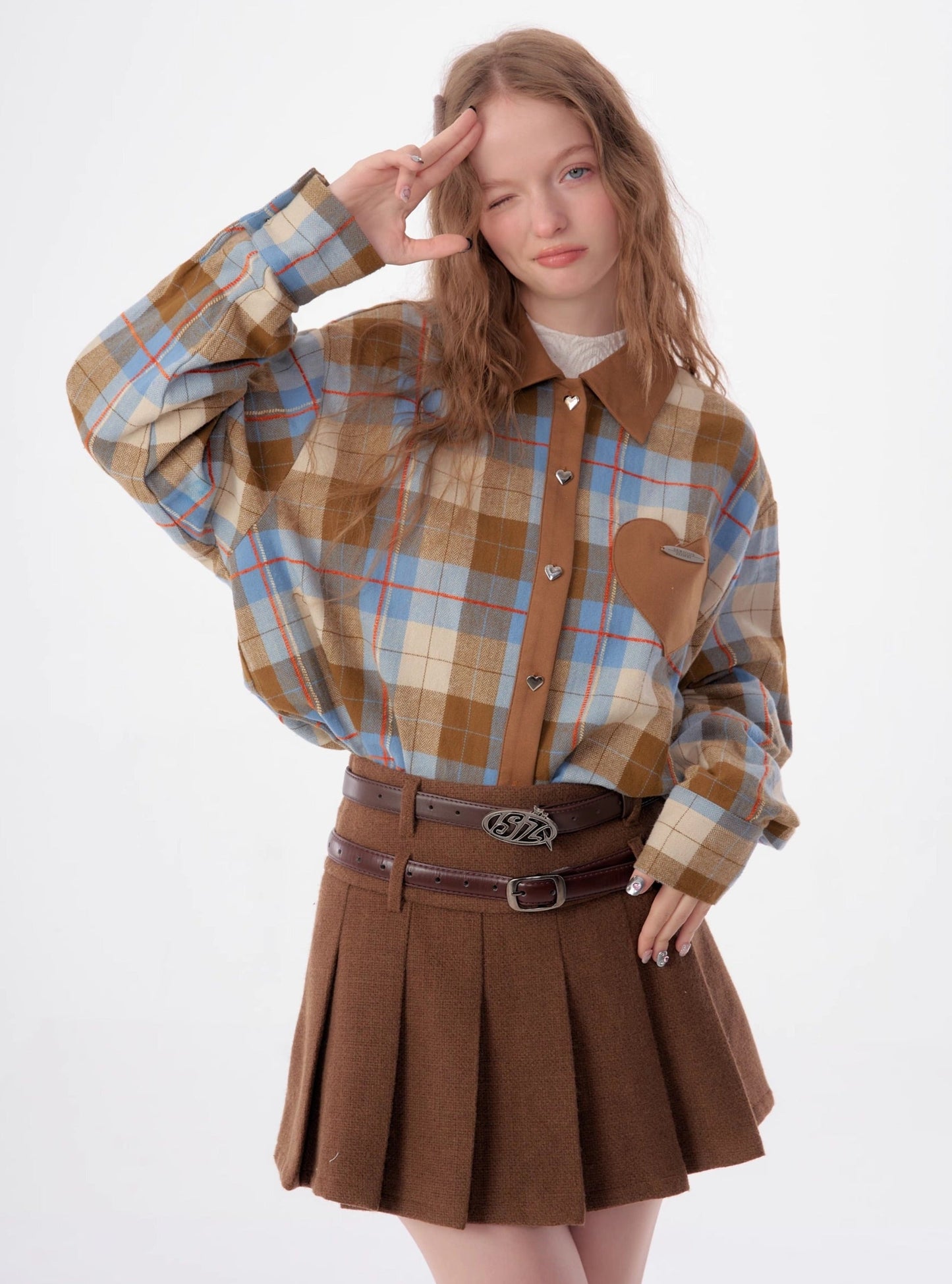 American retro casual love plaid long sleeve Shirt