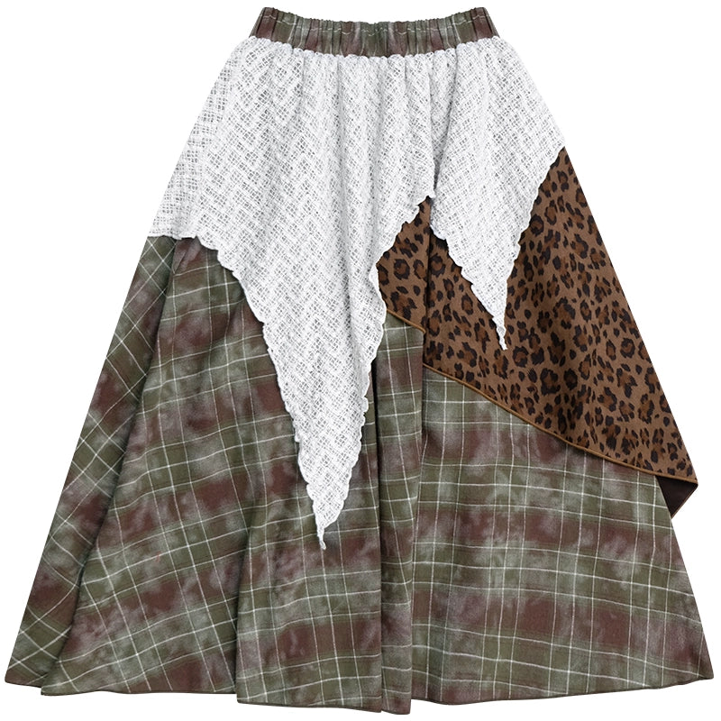 High Waist Irregular Plaid Leopard Print Midi Skirt