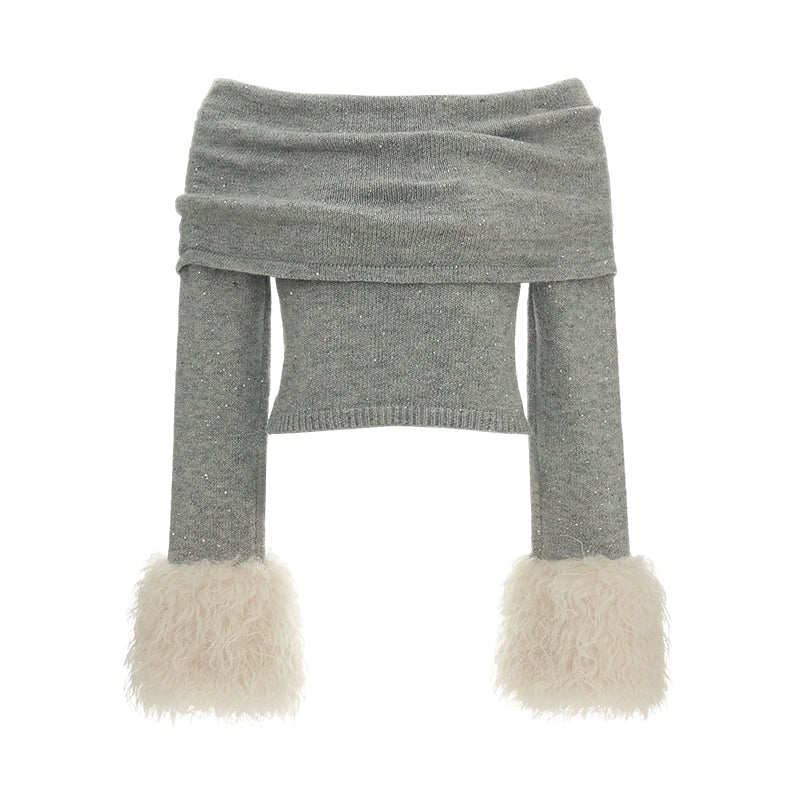 College Style Fur Sleeve Sweater