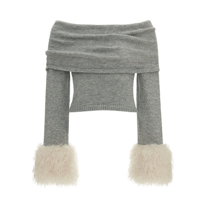 College Style Fur Sleeve Sweater