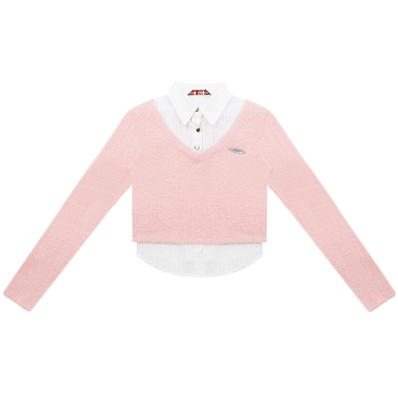 American vintage fake two-piece set long sleeve top