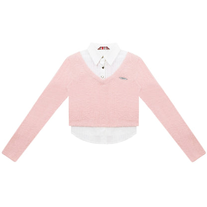 American vintage fake two-piece set long sleeve top