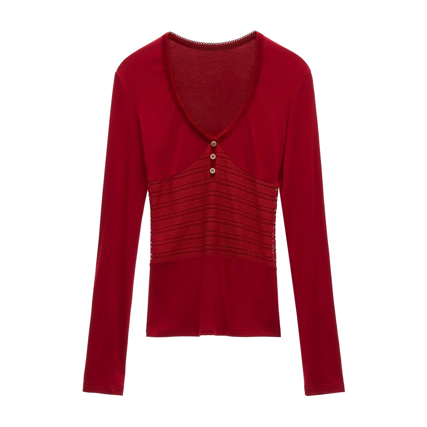 Patchwork V-Neck Long-Sleeved T-Shirt