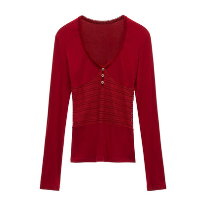 Patchwork V-Neck Long-Sleeved T-Shirt