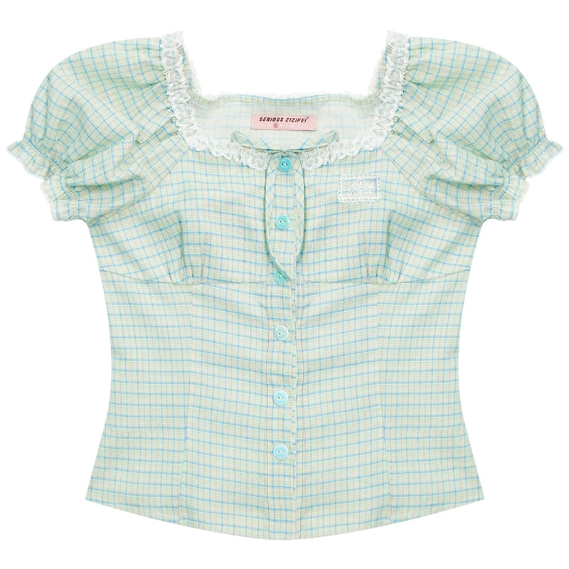 Plaid Bubble Sleeve Blouse