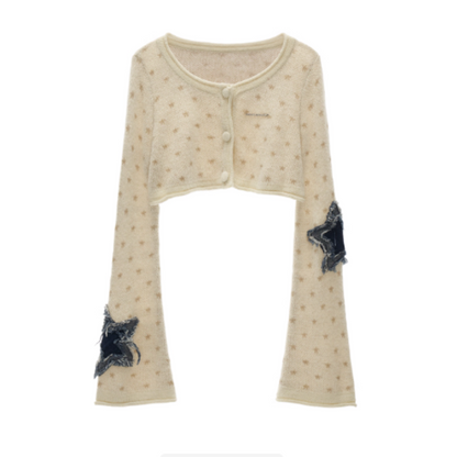 Star Patch Cropped Sweater Jacket