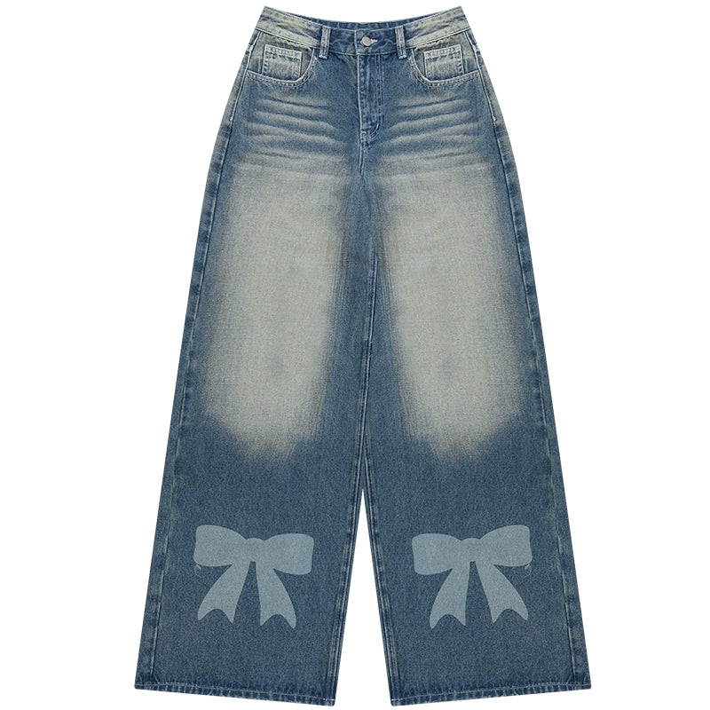 Retro Bow Design High-Waisted Denim Pants