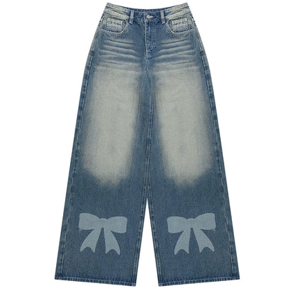 Retro Bow Design High-Waisted Denim Pants