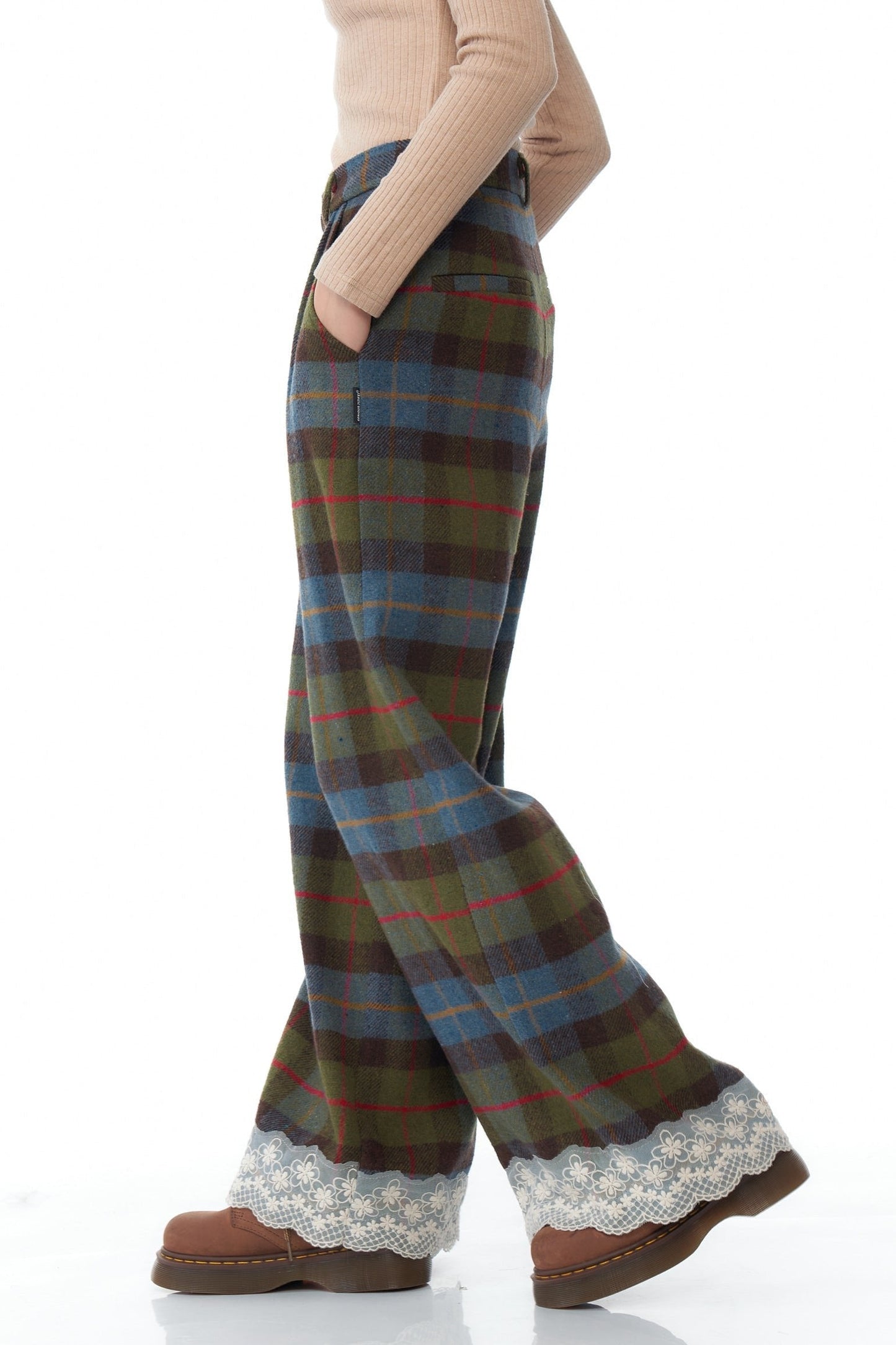 Retro Plaid Lace Stitched Pants