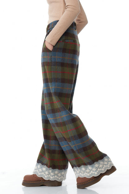 Retro Plaid Lace Stitched Pants