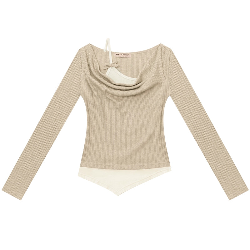 Swing Collar Fake Two Pieces Slim Top