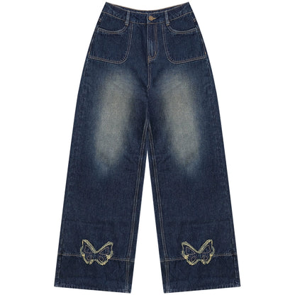 American Retro Butterfly Blue High-Waisted Wide-Leg Jeans