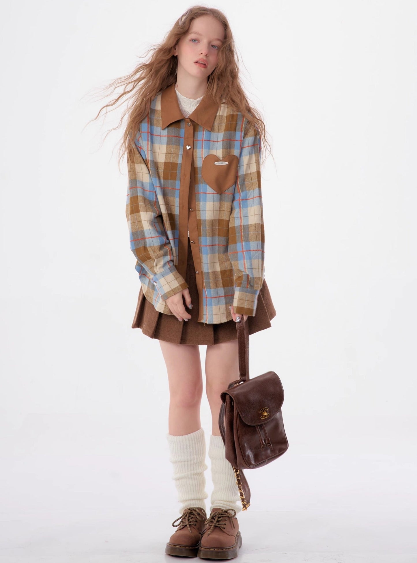 American retro casual love plaid long sleeve Shirt