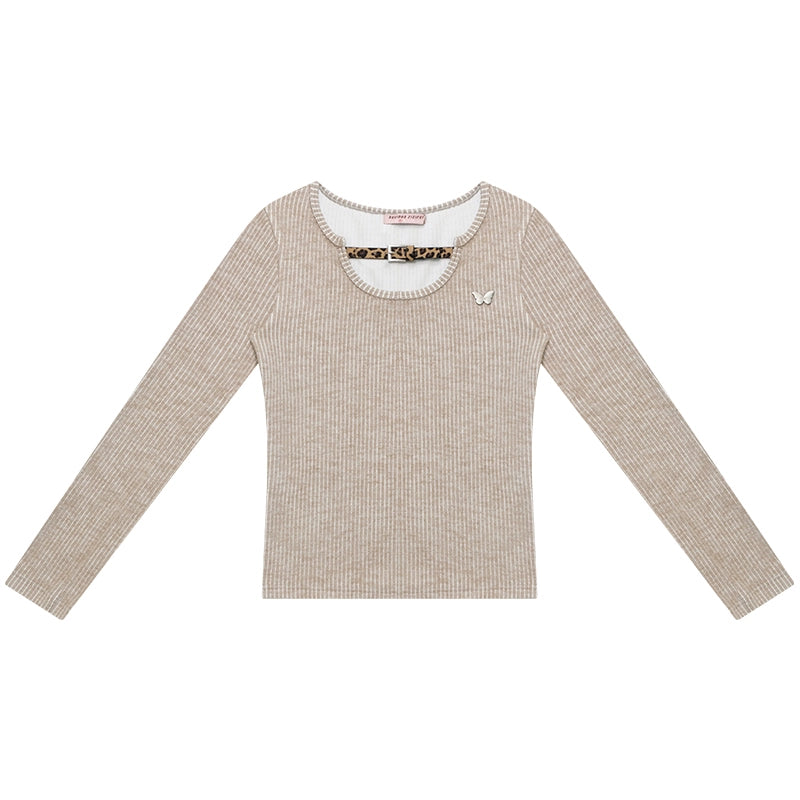 Design Leopard Print Long Sleeve Knit Shirt