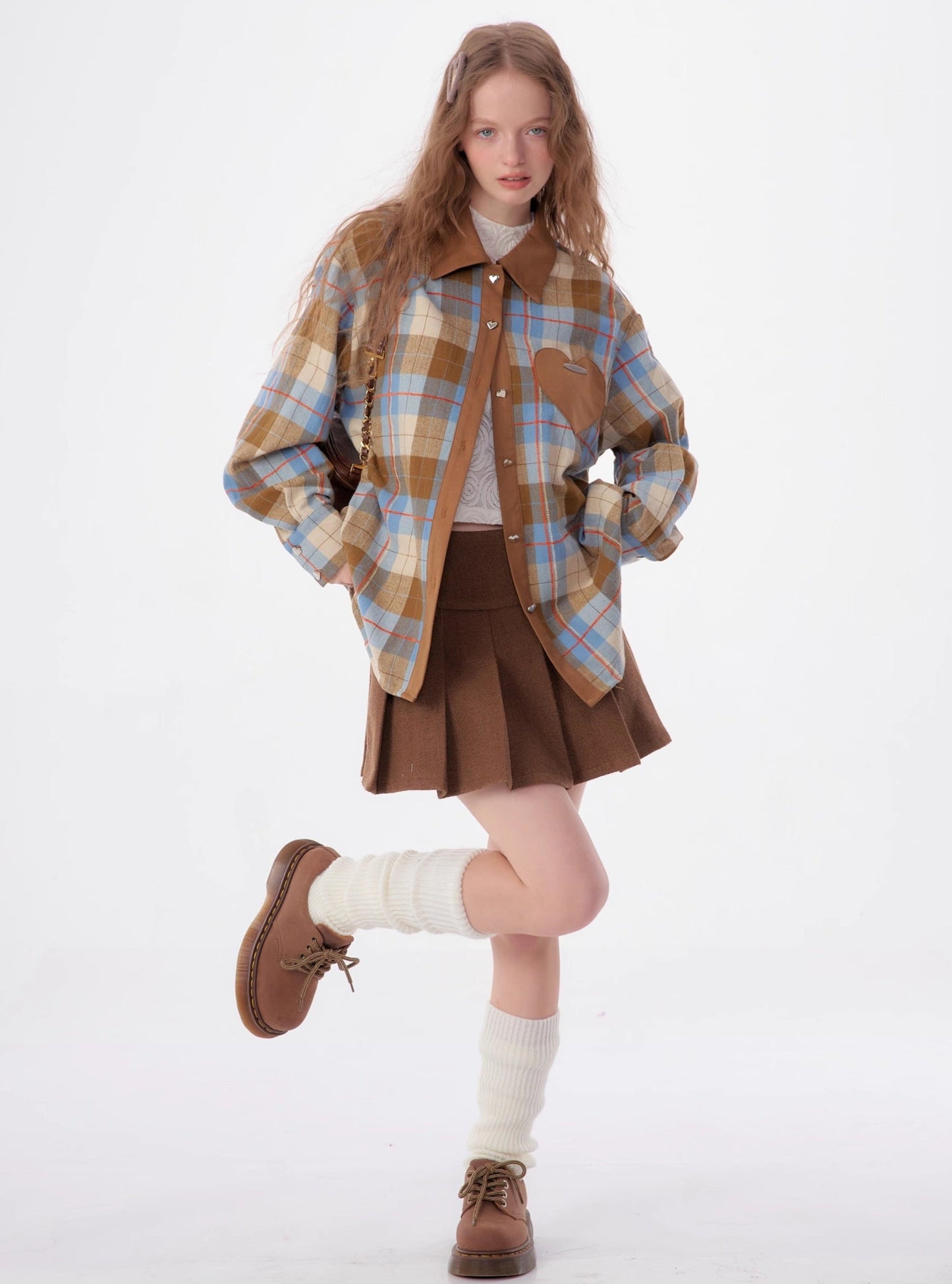 American retro casual love plaid long sleeve Shirt