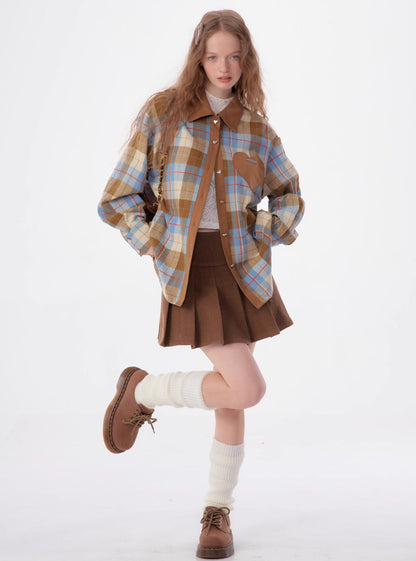 American retro casual love plaid long sleeve Shirt