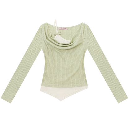 Swing Collar Fake Two Pieces Slim Top