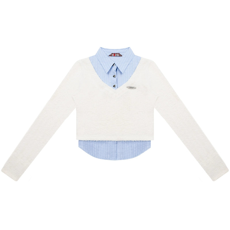 American vintage fake two-piece set long sleeve top