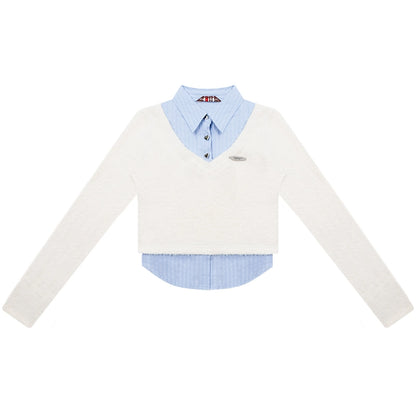 American vintage fake two-piece set long sleeve top