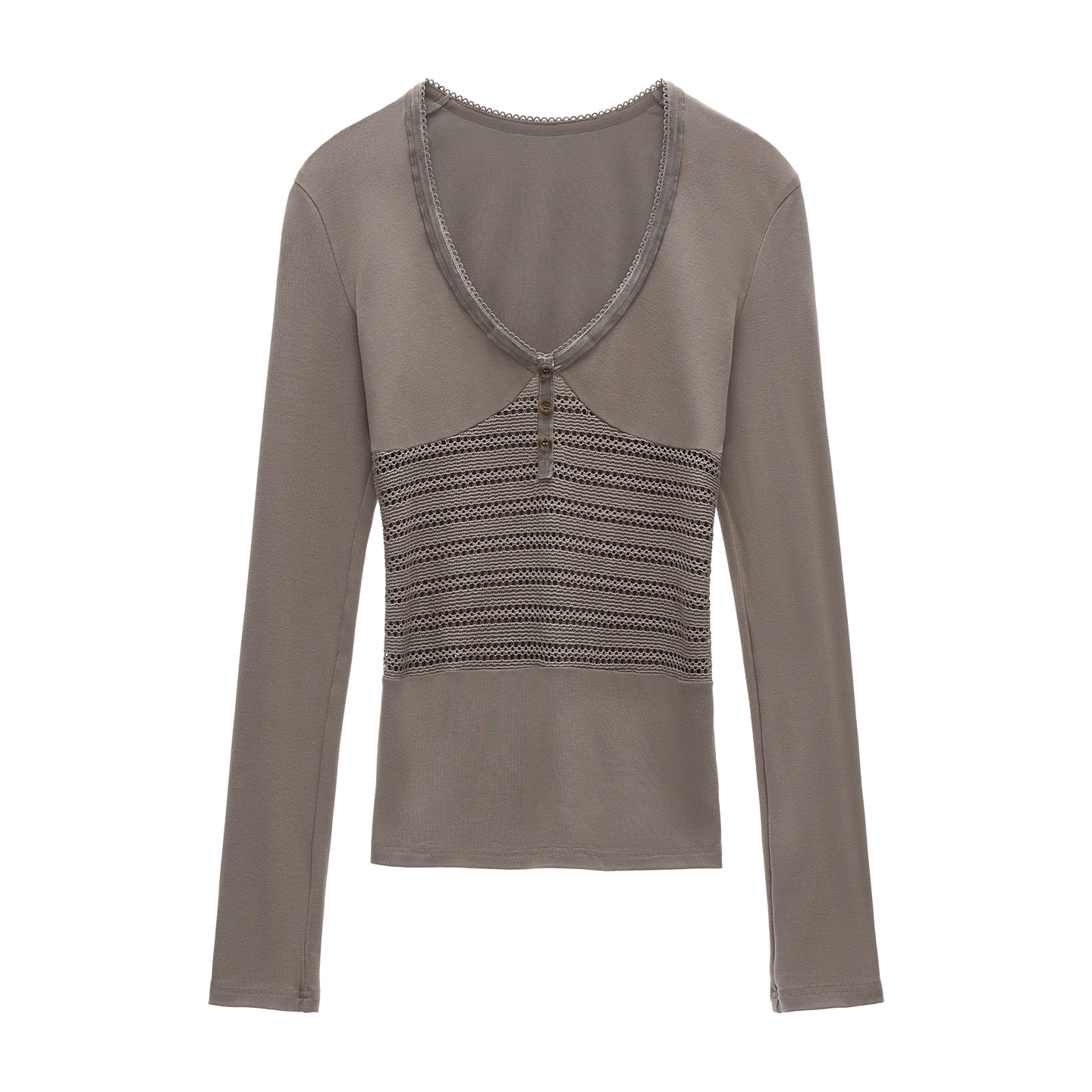 Patchwork V-Neck Long-Sleeved T-Shirt