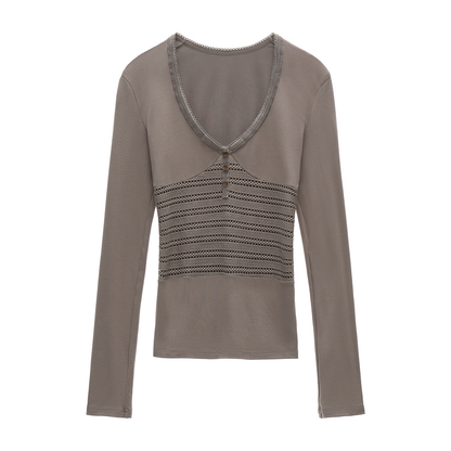 Patchwork V-Neck Long-Sleeved T-Shirt