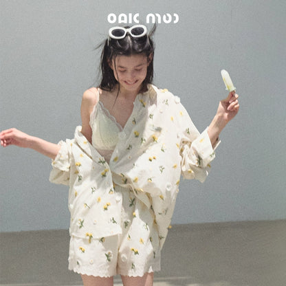 Flowers Cotton Embroidered Casual Shirt Set-Up